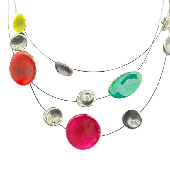 Colorful Multistrand Necklace With Enameled Silver-Toned Beads By Ikita - Picture 3 of 6